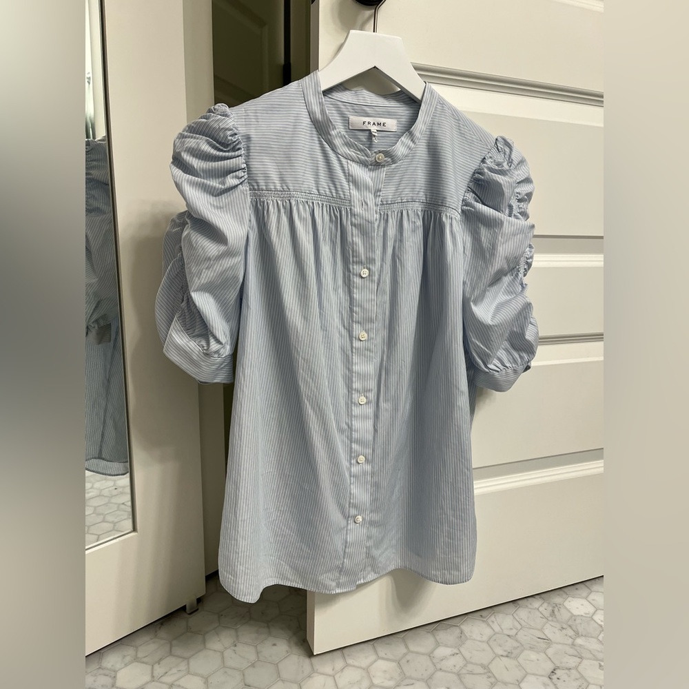 Frame Blue & White Striped Ruched Sleeve Shirt with button detail Medium